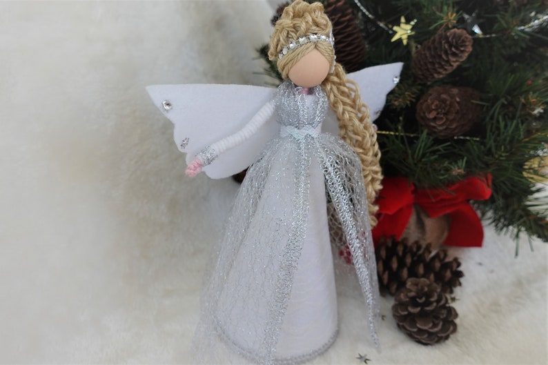 8'' White Silver Angel Tree Topper, White Christmas Angel, Lace Angel Doll, Handmade Christmas Doll image 5