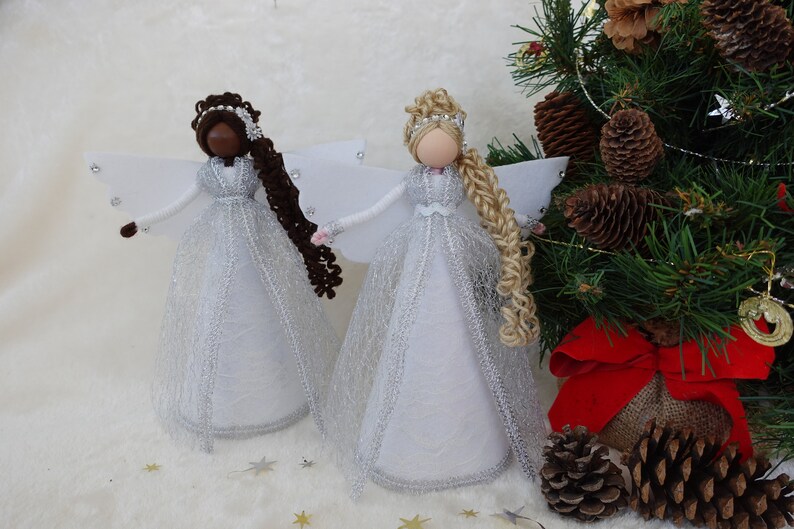 8'' White Silver Angel Tree Topper, White Christmas Angel, Lace Angel Doll, Handmade Christmas Doll image 8