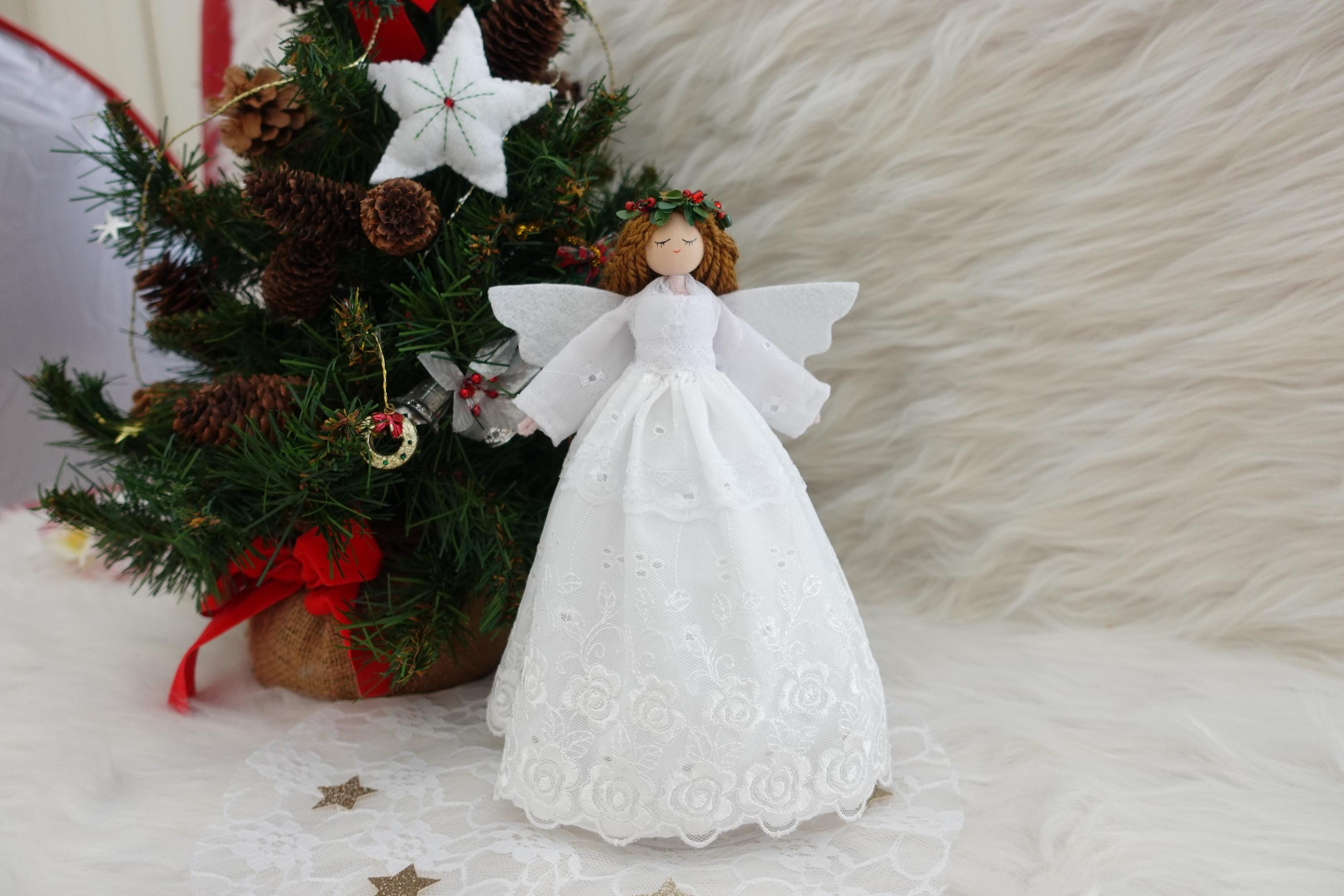 White Fabric Angel Tree Topper – Lighted, 10 Warm White Lights, Shabby Chic Christmas Decor - View #5