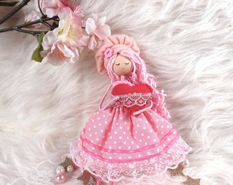 Pink Polka Dot Dress Doll, Handmade Doll, Fashionista Doll, Birthday Doll, Doll with Heart, Custom Girl Doll