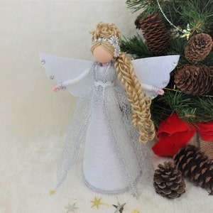 8'' White Silver Angel Tree Topper, White Christmas Angel, Lace Angel Doll, Handmade Christmas Doll image 4