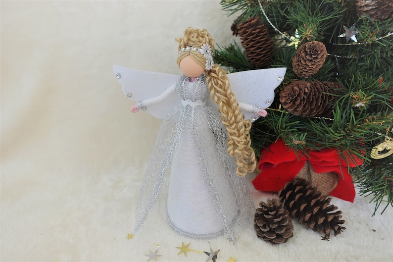 8'' White Silver Angel Tree Topper, White Christmas Angel, Lace Angel Doll, Handmade Christmas Doll image 4