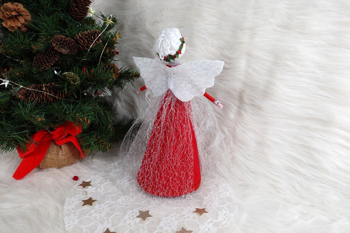10'' Angel Tree Topper Red White Christmas Angel Etsy