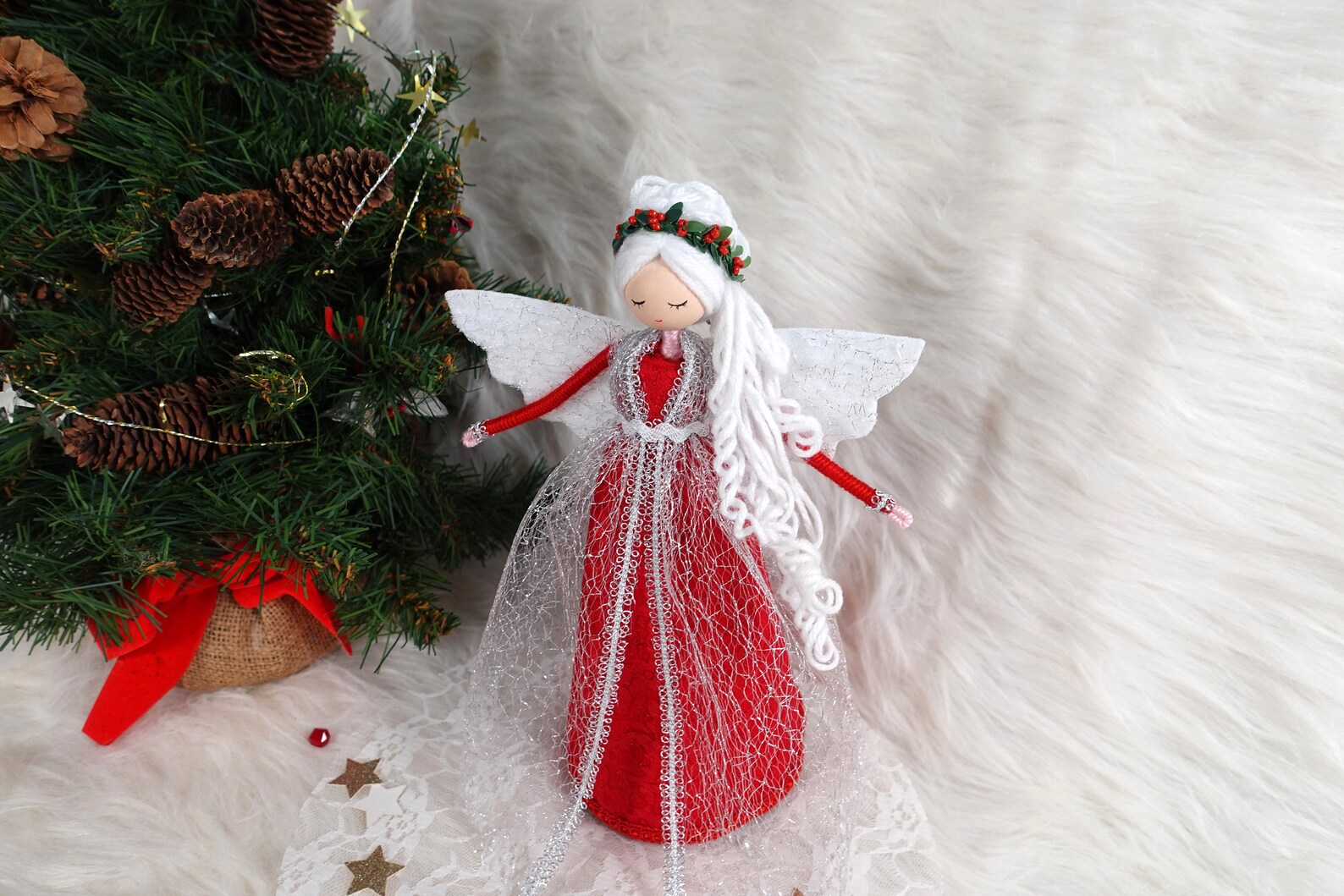 10'' Angel Tree Topper Red White Christmas Angel Etsy