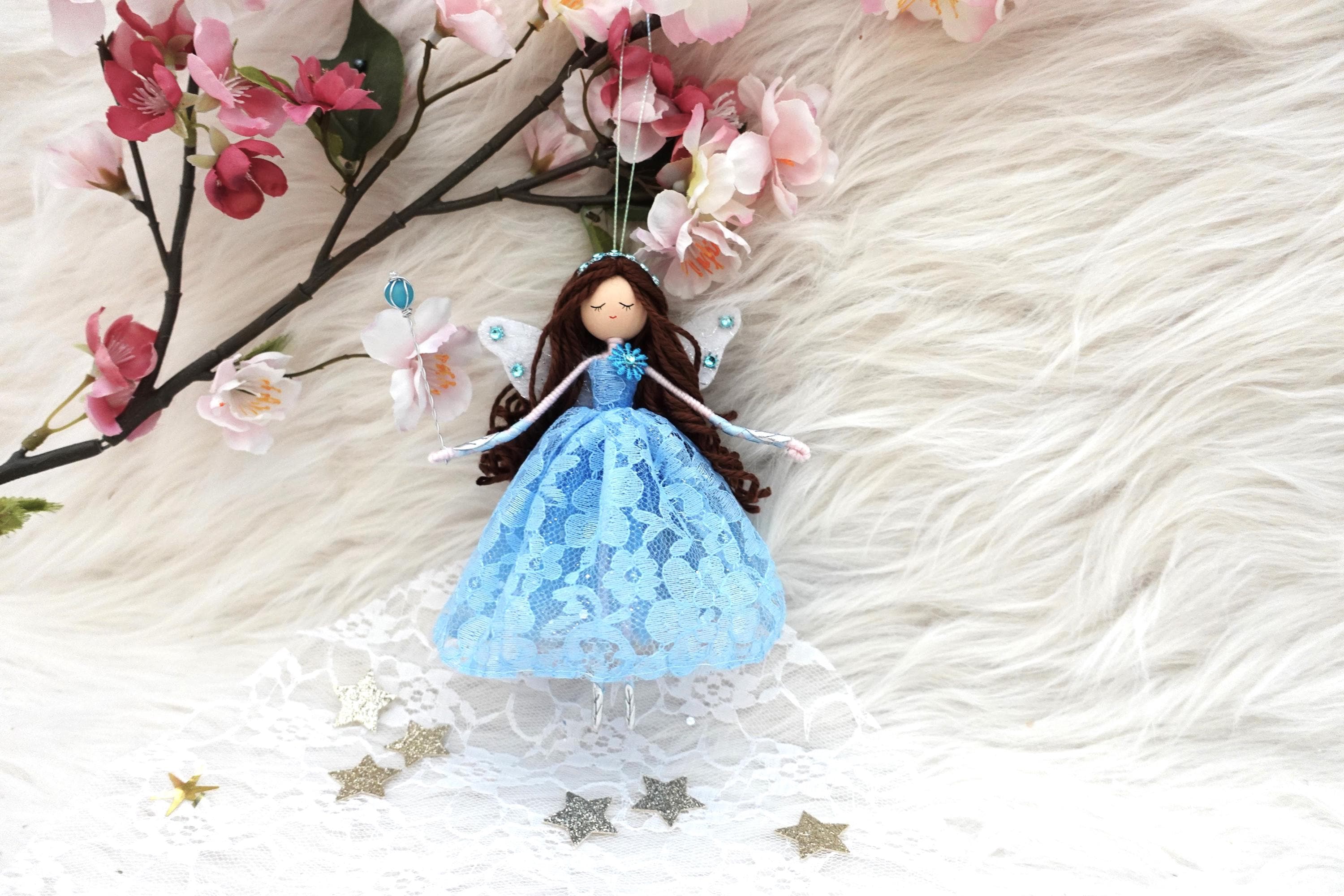Handmade Blue Fairy Doll: Lace Skirt, Gemstone Wand