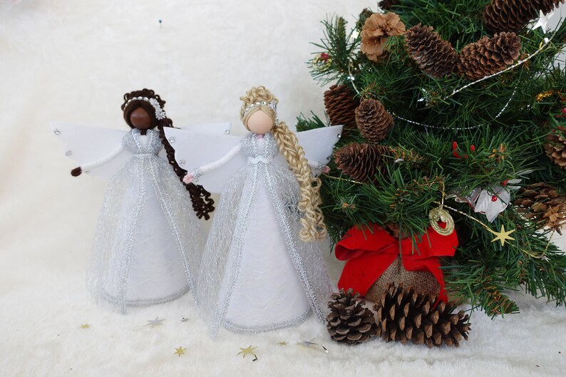 8'' White Silver Angel Tree Topper, White Christmas Angel, Lace Angel Doll, Handmade Christmas Doll image 9