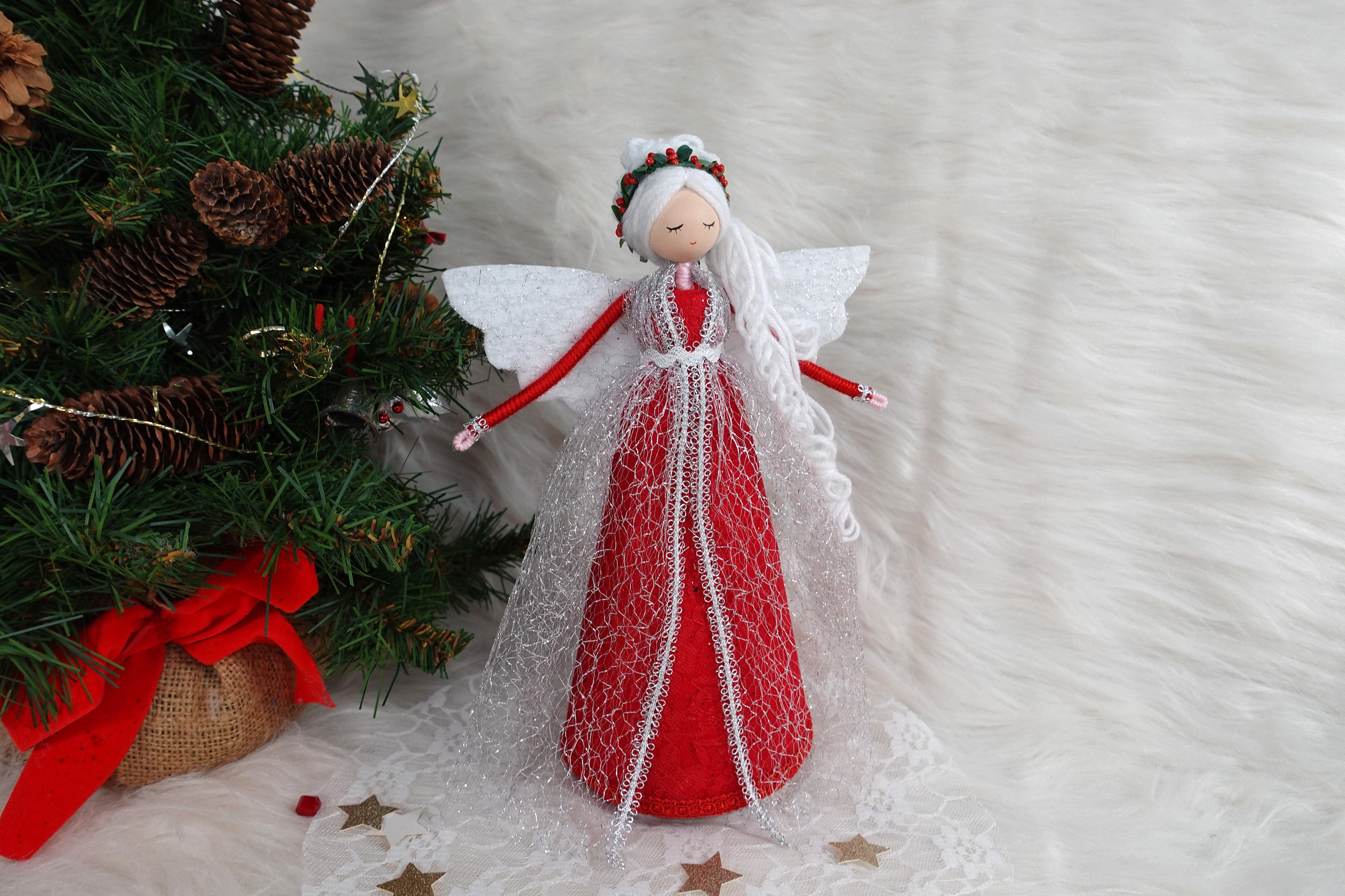 10'' Angel Tree Topper Red White Christmas Angel Etsy