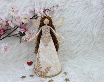 10 '' Fairy Tree Topper, Gold Fairy Doll, Gold Lace Fairy Angel Doll, Handmade Fairy Doll, Gold Fairy Doll