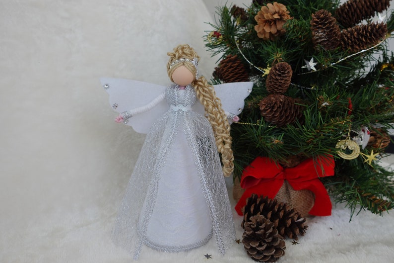 8'' White Silver Angel Tree Topper, White Christmas Angel, Lace Angel Doll, Handmade Christmas Doll image 1
