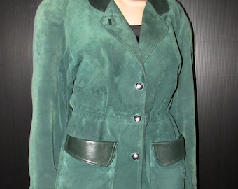 Superbe forest green suede jacket or coat with leather trim/ jolie  jacquet ou manteau en  suede vert découpé de cuir pour harmoniser tag M