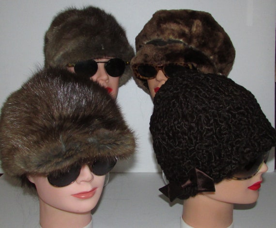 Vtg lot of 4 real fur hats(1beaver, 2 muskrat 1 p… - image 2