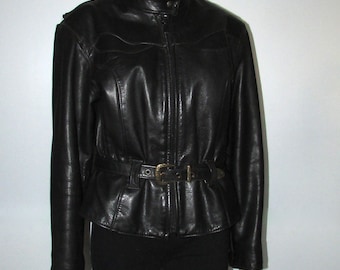 vintage real black rock star leather jacket ANGORA CANADA/ folk jacket rock star véritable cuir noir ANGORA Canada  sz tag m/m  bust 40