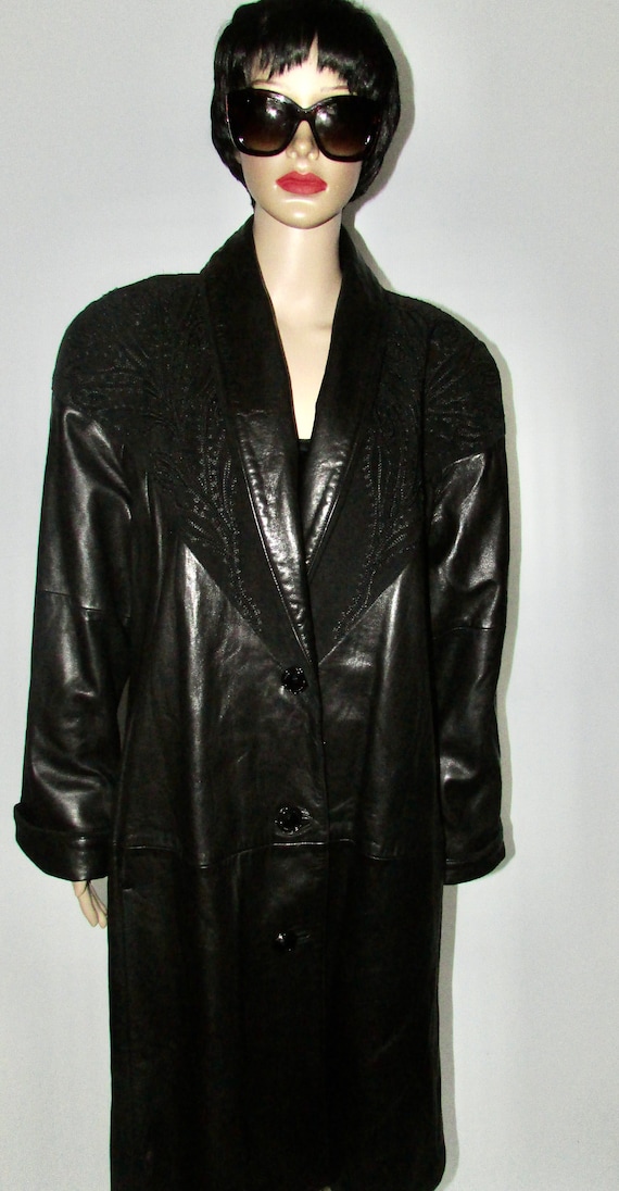 vintage chic black leather long coat HARBOSIN Cana