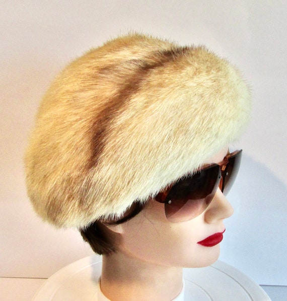 Chic     Light Brown  real fur mink beret vintage “Designed by Lora” genuine mink fur pillbox/beret  main image 4