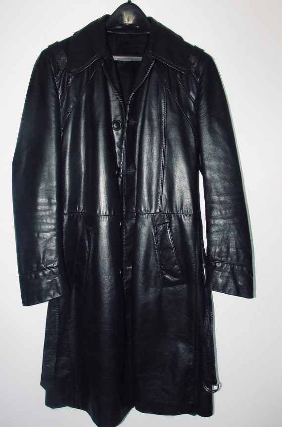Vtg retro beautiful black real leather men coat/pr