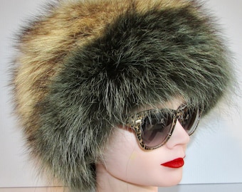 Vtg superbe raccoon fur hat /lichen green fox fur trim/chapeau de fourrure de  chat sauvage naturel  garni de renard vert lichen 22"1/2