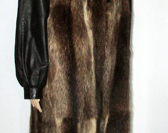 VTG beautiful natural raccoon fur coat/black leather sleeves/Vtg wild cat fur coat black leather sleeves sz md bust 42