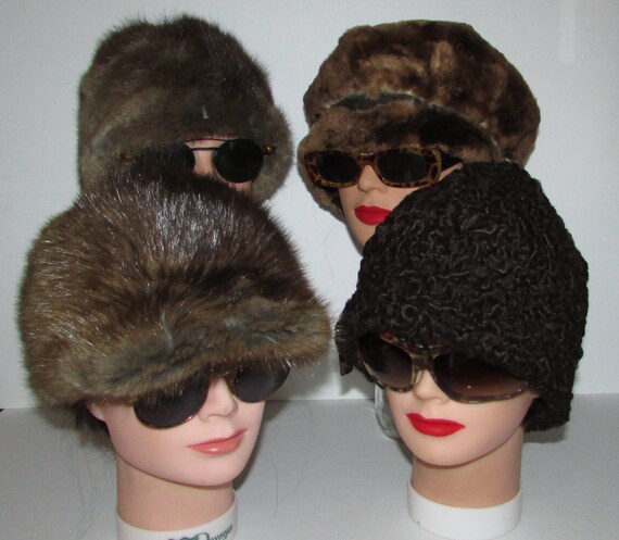 Vtg lot of 4 real fur hats(1beaver, 2 muskrat 1 p… - image 1