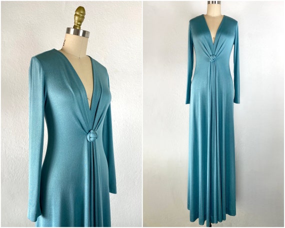 70's Long Sleeve Bright Teal V-Neck Maxi Dress Wom