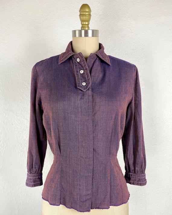 40's Purple Mauve Linen Vintage Blouse Top Women's