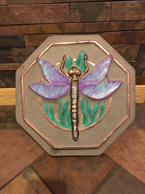 Items similar to Hand painted octagon concrete dragonfly stepping stone, garden stone, statue