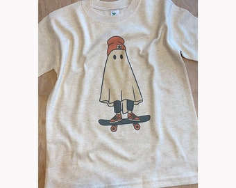 youth ghost tee, skateboard ghost, youth halloween tee, kids ghost shirt, skater ghost, kids halloween, kids skateboard shirt