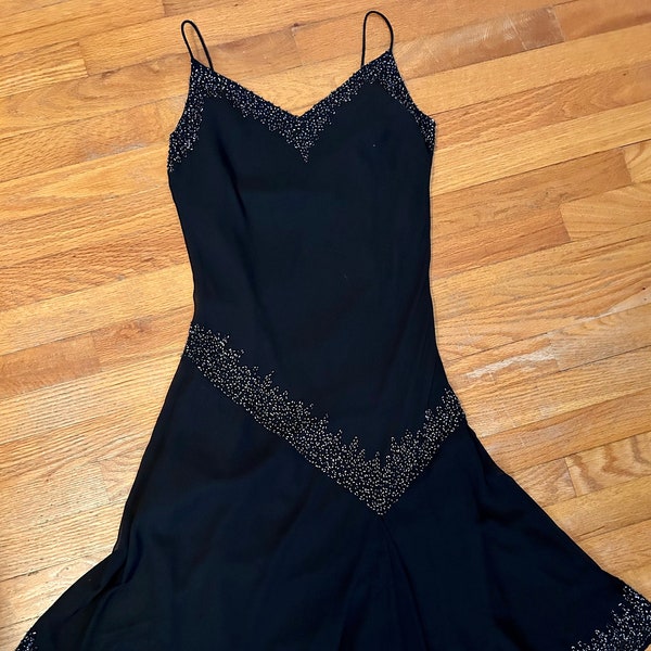 Vintage Black Beaded Cocktail Dress Leslie Fay Evening Gown Small XS Vintage Prom Dress Formal Semi-Formal Handkerchief Dress Wedding Guest