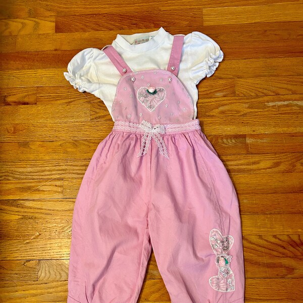 Vintage Girls Pink Overalls 6 Lacy Hearts Rosettes Bow Pearl Buttons Retro Tapered Leg Two Piece Coordinating Set Valentine Outfit 90s Y2K