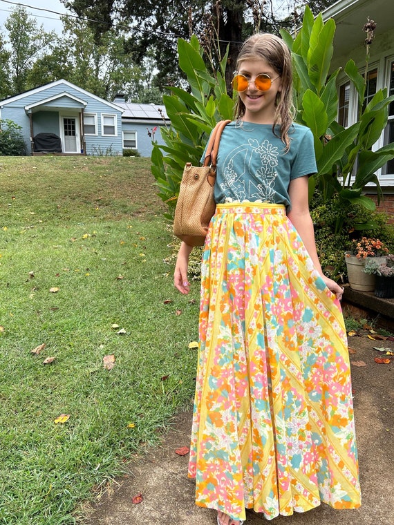 Vintage 60s 70s Yellow Floral Maxi Hippie Skirt G… - image 2