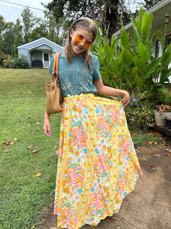 Vintage 60s 70s Yellow Floral Maxi Hippie Skirt G… - image 1