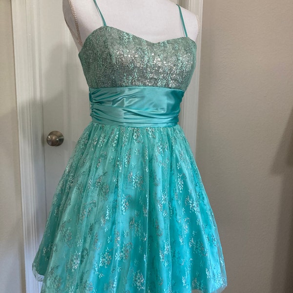 Vintage Aqua Blue Silver Sequin Sparkle Mini Semi Formal Prom Dress Juniors 7