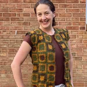 Vintage 70s Crochet Groovy Granny Square Sweater Vest Green Brown Gold