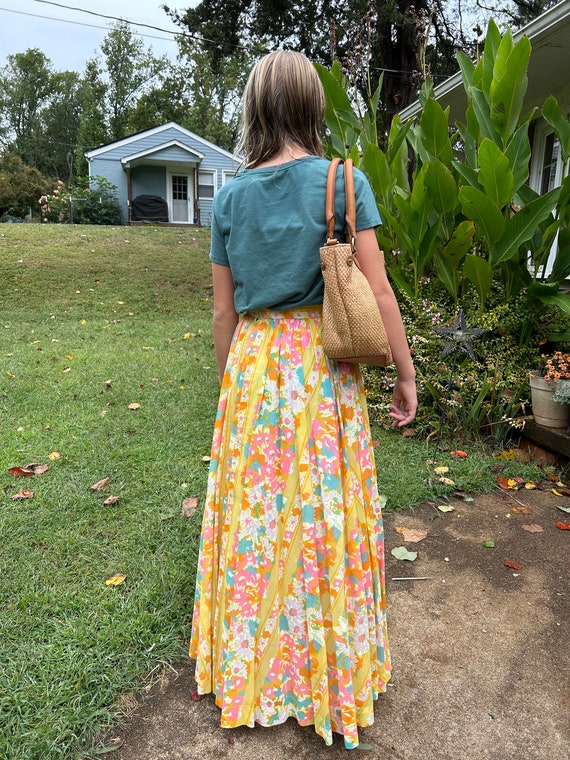 Vintage 60s 70s Yellow Floral Maxi Hippie Skirt G… - image 3