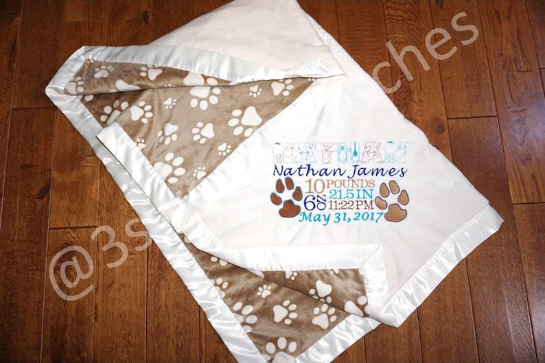 Double MINKY Personalized Embroidered Blanket Baby to Adult Sizes CUSTOM MADE Animal Paws Ivory Beige Cappuccino Gray Puppy Dog Cat Pet