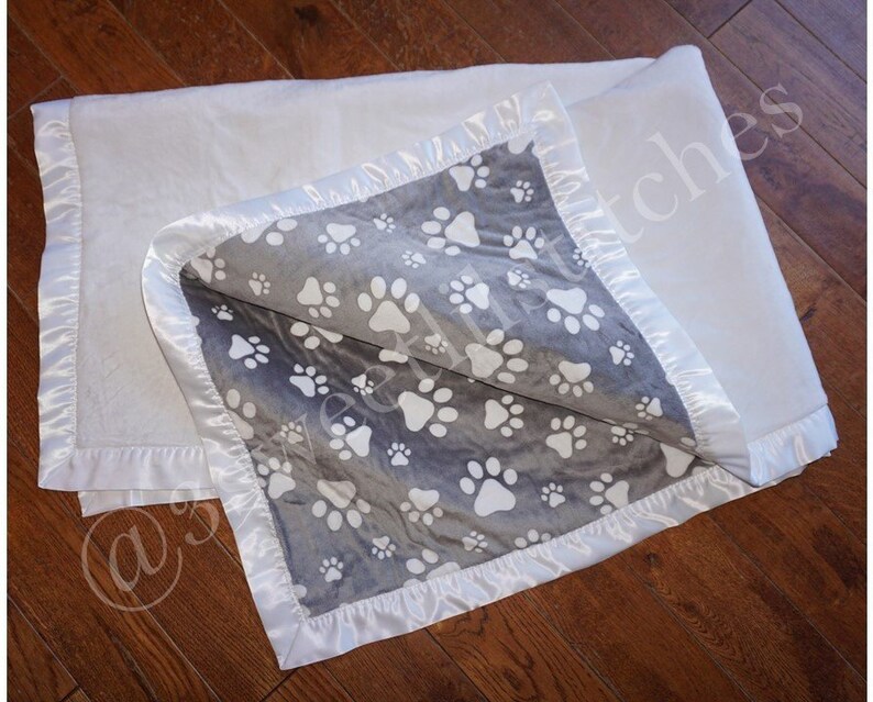 Double MINKY Personalized Embroidered Blanket Baby to Adult Sizes CUSTOM MADE Animal Paws Ivory Beige Cappuccino Gray Puppy Dog Cat Pet