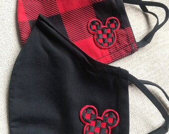 Child face mask, cotton face mask, washable face mask, Buffalo Plaid Mouse face mask