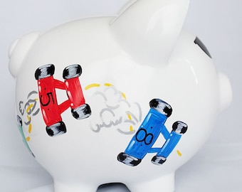 Alcancía personalizada: coches de carreras pintados a mano, decoración para habitación de niño