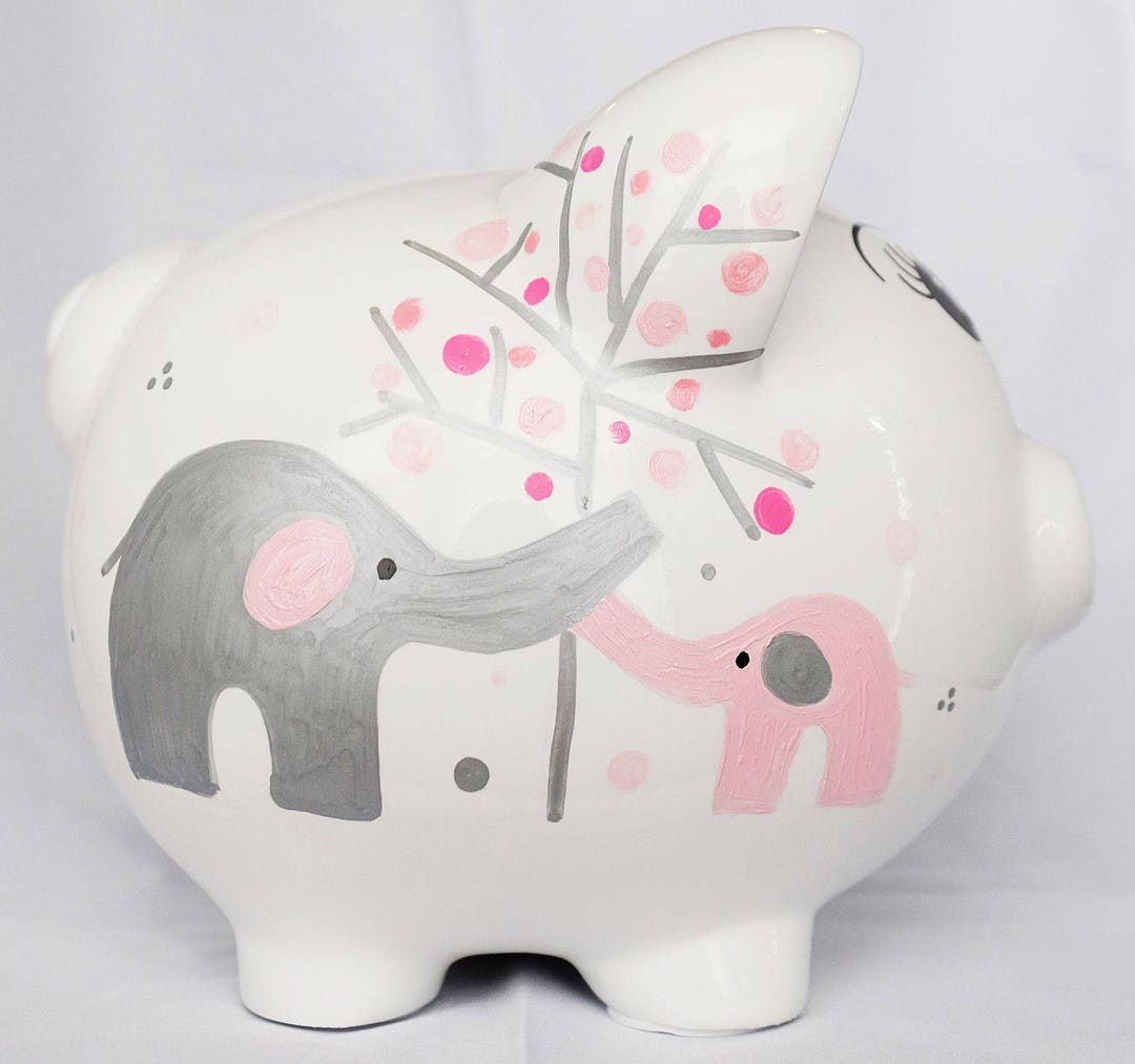 Personalized Large Piggy Bank Child's Room Hand Painted Pink Modern