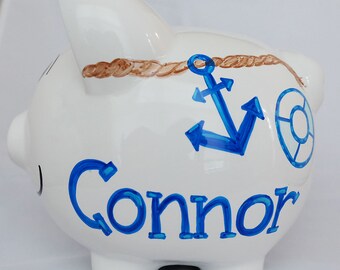 Sailing Boy Personalizado Banco de Piggy Pintado a mano Diseño Personalizado Baby Shower (Ducha de bebé) Bautismo ? Cumpleaños