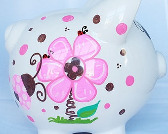 Alcancía personalizada pintada a mano para niñas - Diseño personalizado de flores y mariquitas - Regalo para niños