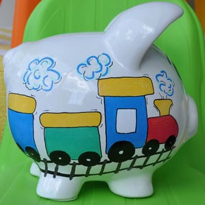Train Theme Piggy Bank | Ceramic Piggy Bank | Boys Nursery Room Decor | 1st Birthday Keepsake | Custom Name Piggy Bank | Baby Baptism Gift