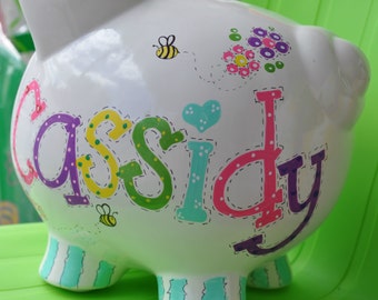 Flowers and Bees Personalized Girl's Piggy Bank in Bright Colors Hand Painted Custom Design | Baby Shower | Baptism | Birthday