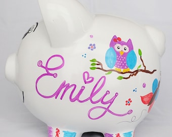 Alcancía personalizada: búhos, flores y mariposas pintadas a mano