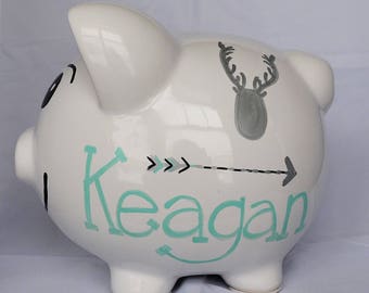 Personalized Large Piggy Bank - Girl's Room Hand Painted rustic arrows with Name