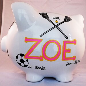 Personalized Large Piggy Bank - Children's Room Hand Painted Girl's All Sports Design Piggy Bank with Name