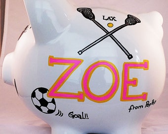 Alcancía deportiva personalizada: cerámica pintada a mano, decoración para habitación de niña