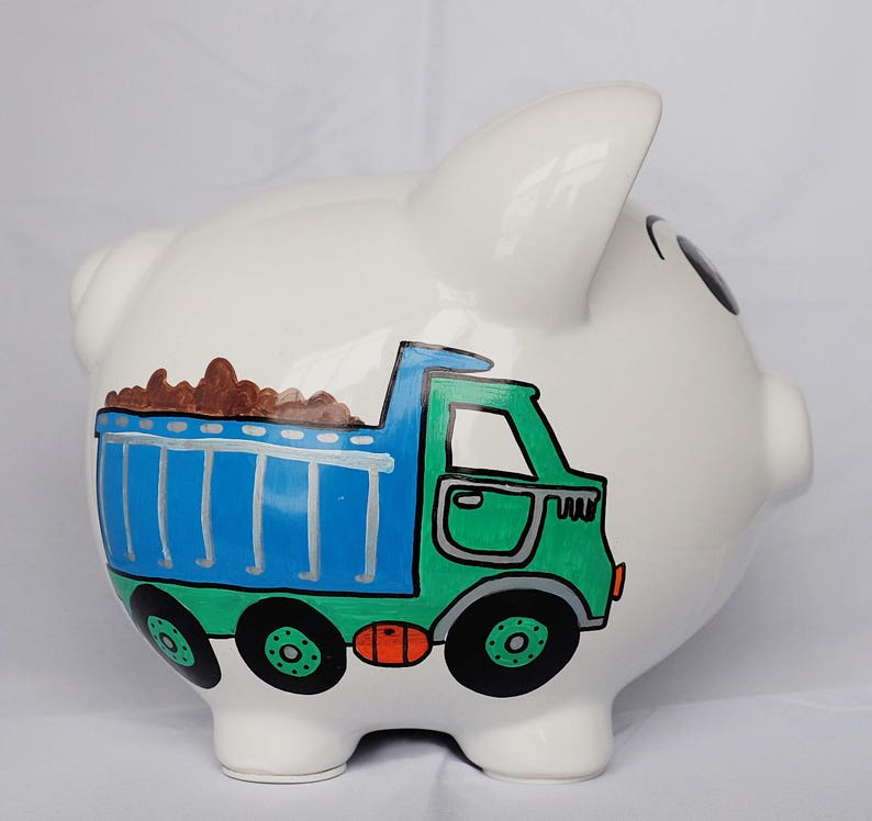 Personalized Large Piggy Bank Boy's Room Hand Painted Construction