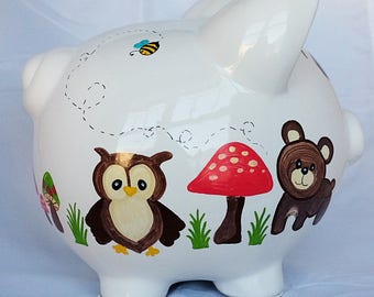 Alcancía de cerámica estilo bosque: decoración cottagecore pintada a mano