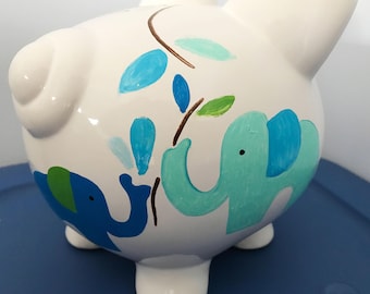 Personalized Large Piggy Bank - Child's Room Hand Painted Elephants Design Piggy Bank with Name