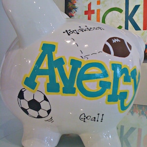 Custom Sports Piggy Bank | Large Ceramic Piggy Bank | Sports Nursery Room | Hand Painted Bank | Baby Shower Gift | Birthday Keepsake